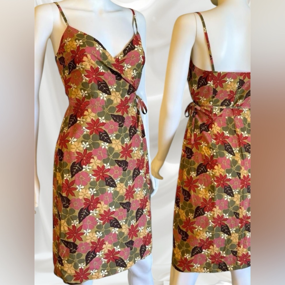 J. Crew Multicolor Floral knee length wrap Dress spaghetti straps Y2K size 14